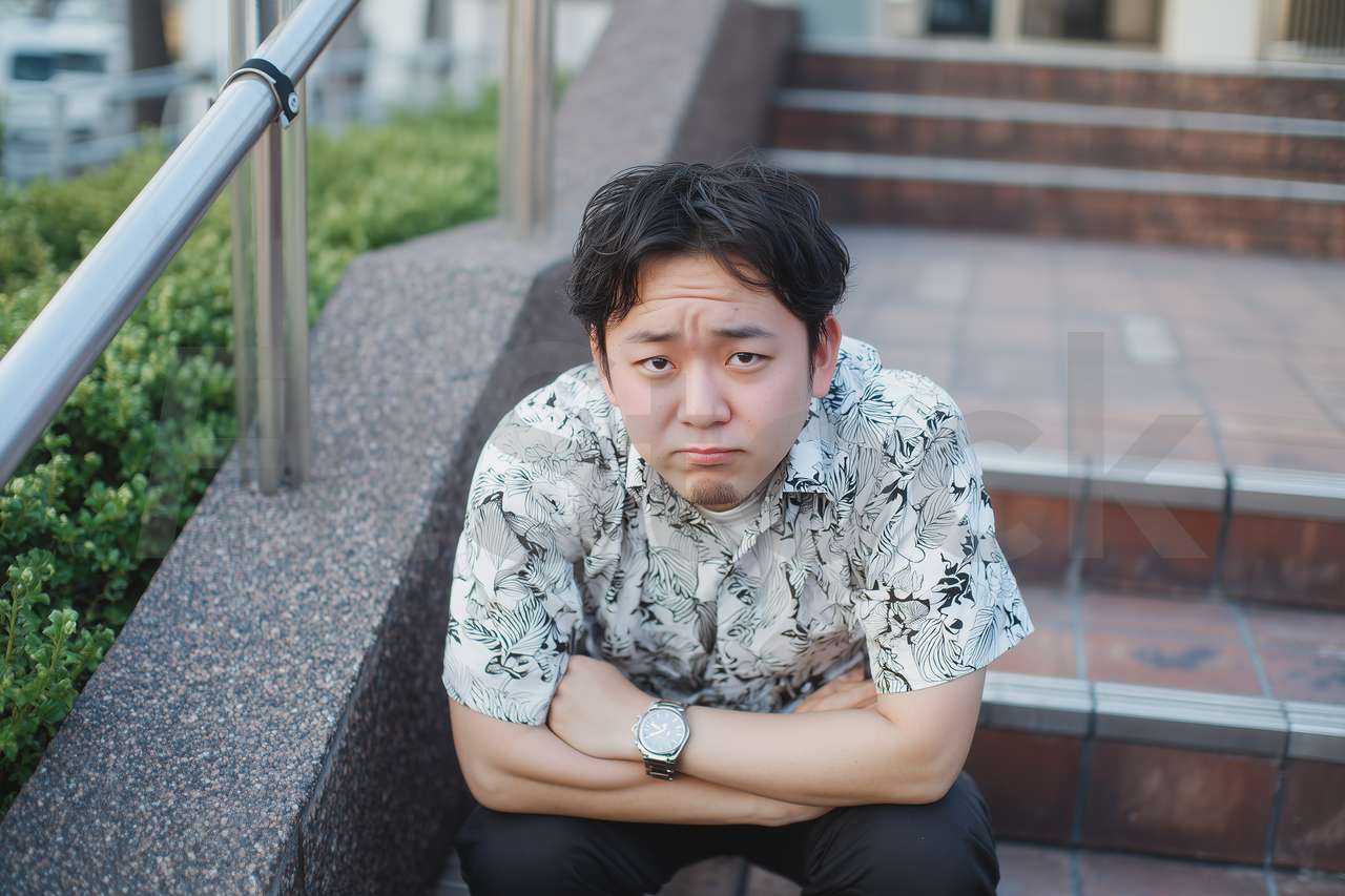不満げな表情で座る若い男性