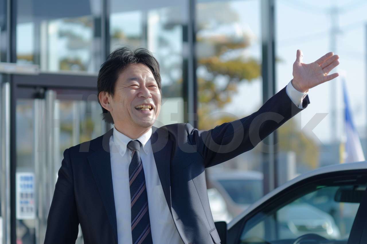 笑顔で手を振る自動車ディーラーの男性