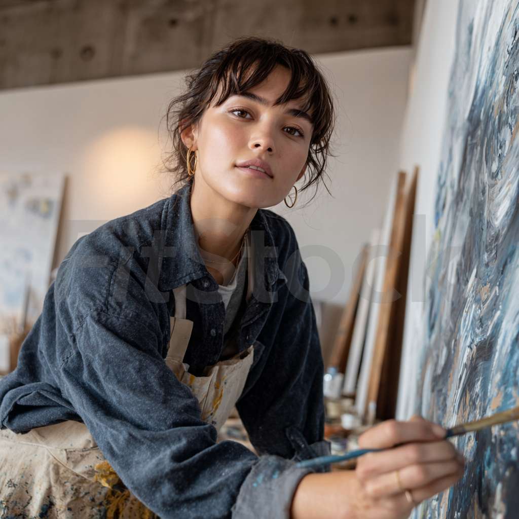 アトリエで絵画を制作する女性アーティスト