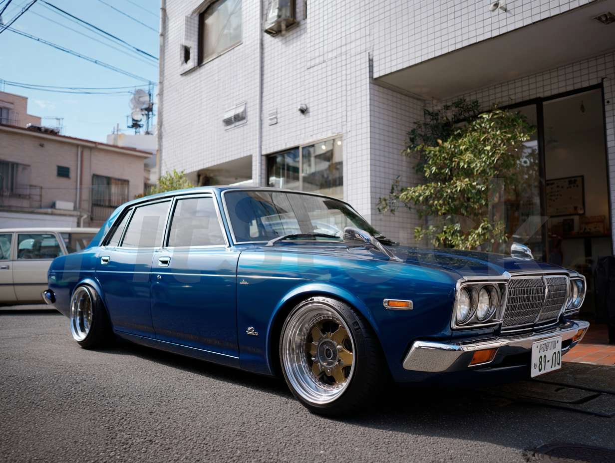 街角に駐車されたカスタムされた青いビンテージセダン