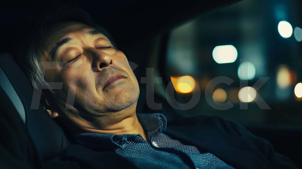 夜の車内で眠るビジネスマン