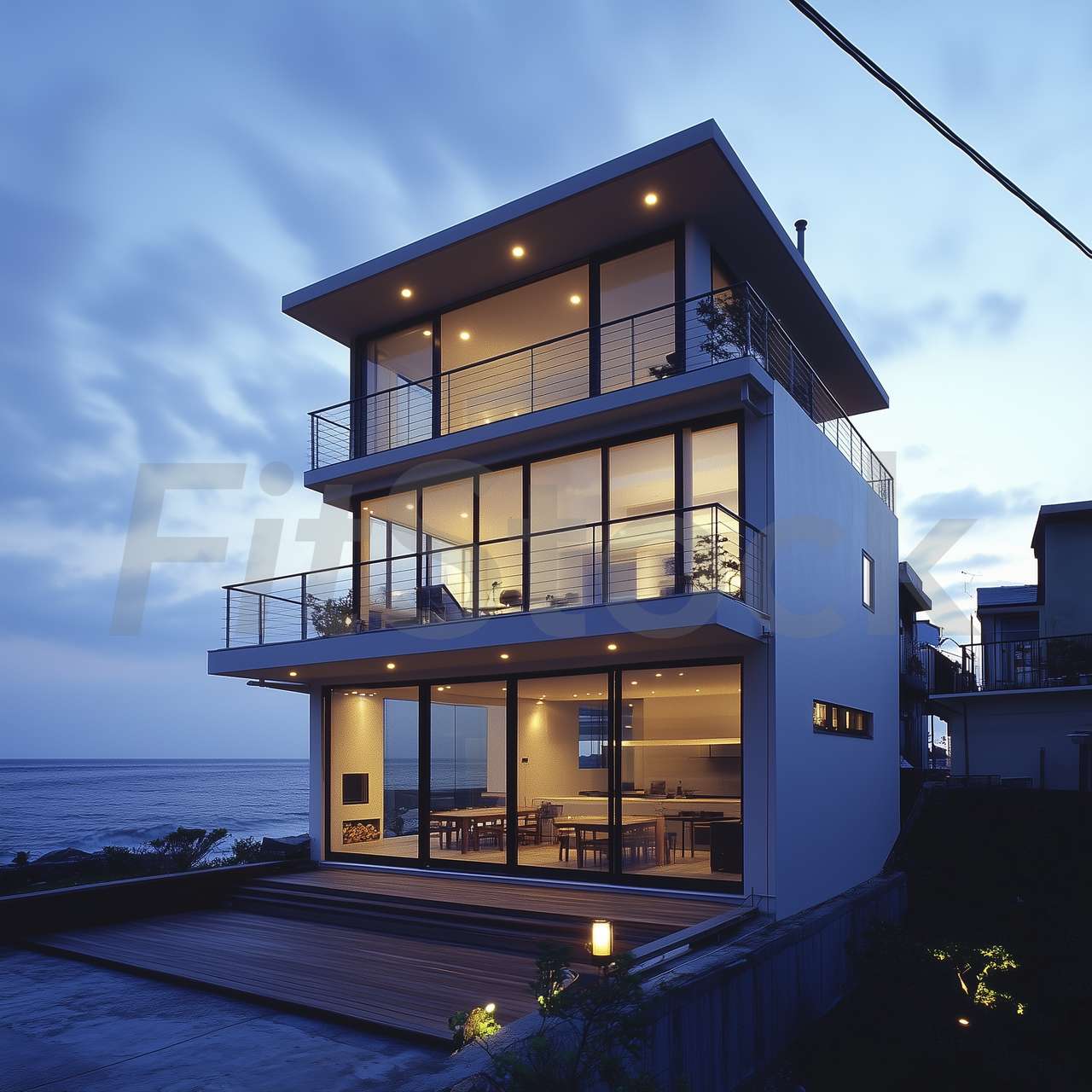 海辺に佇むモダンな3階建ての住宅