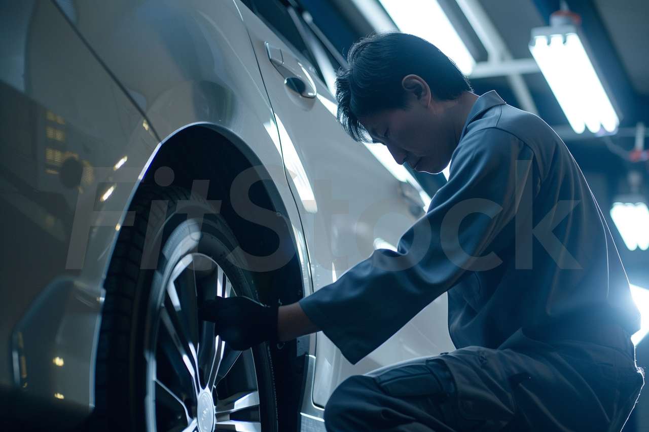 自動車整備工場でタイヤ交換をする整備士