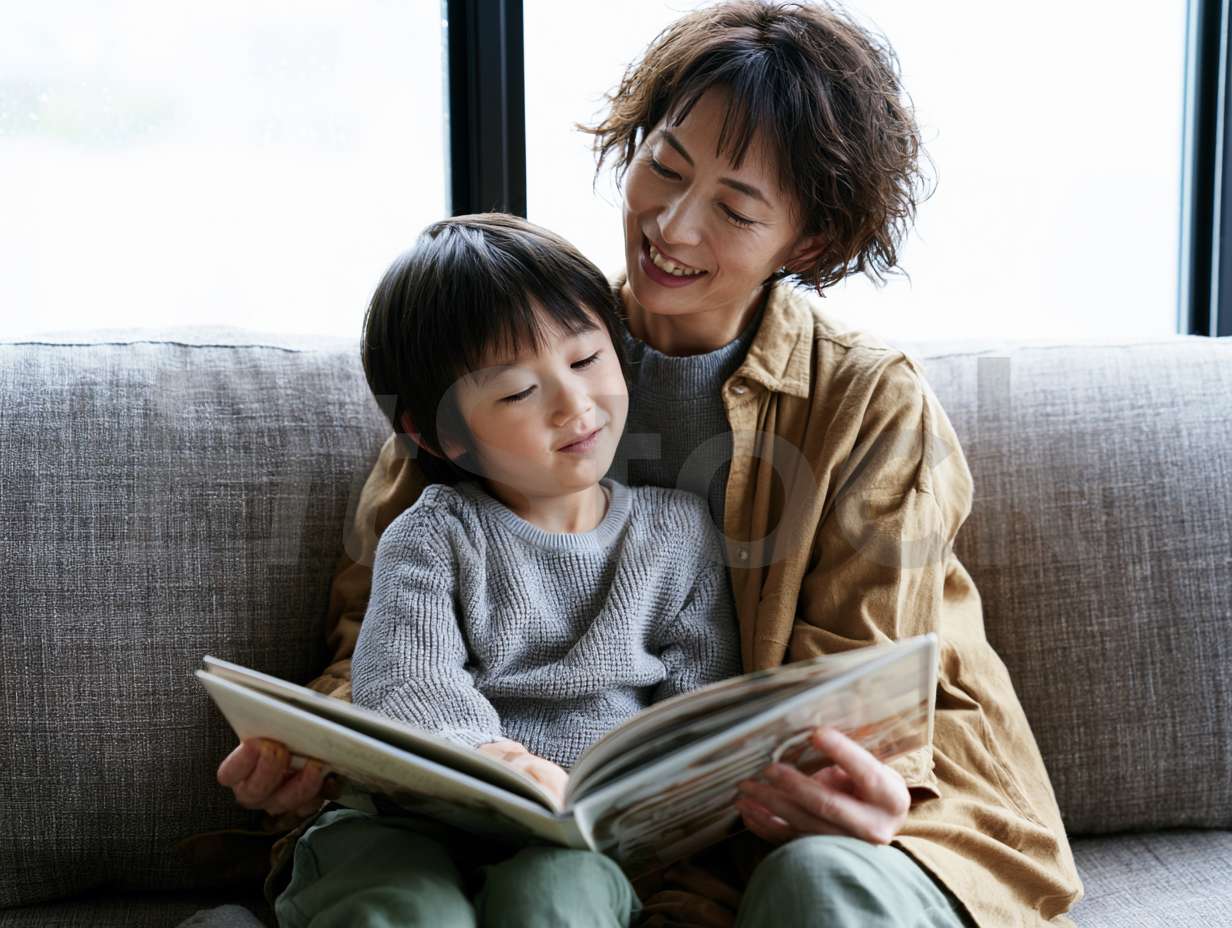 ソファで絵本を読む親子の微笑ましい姿
