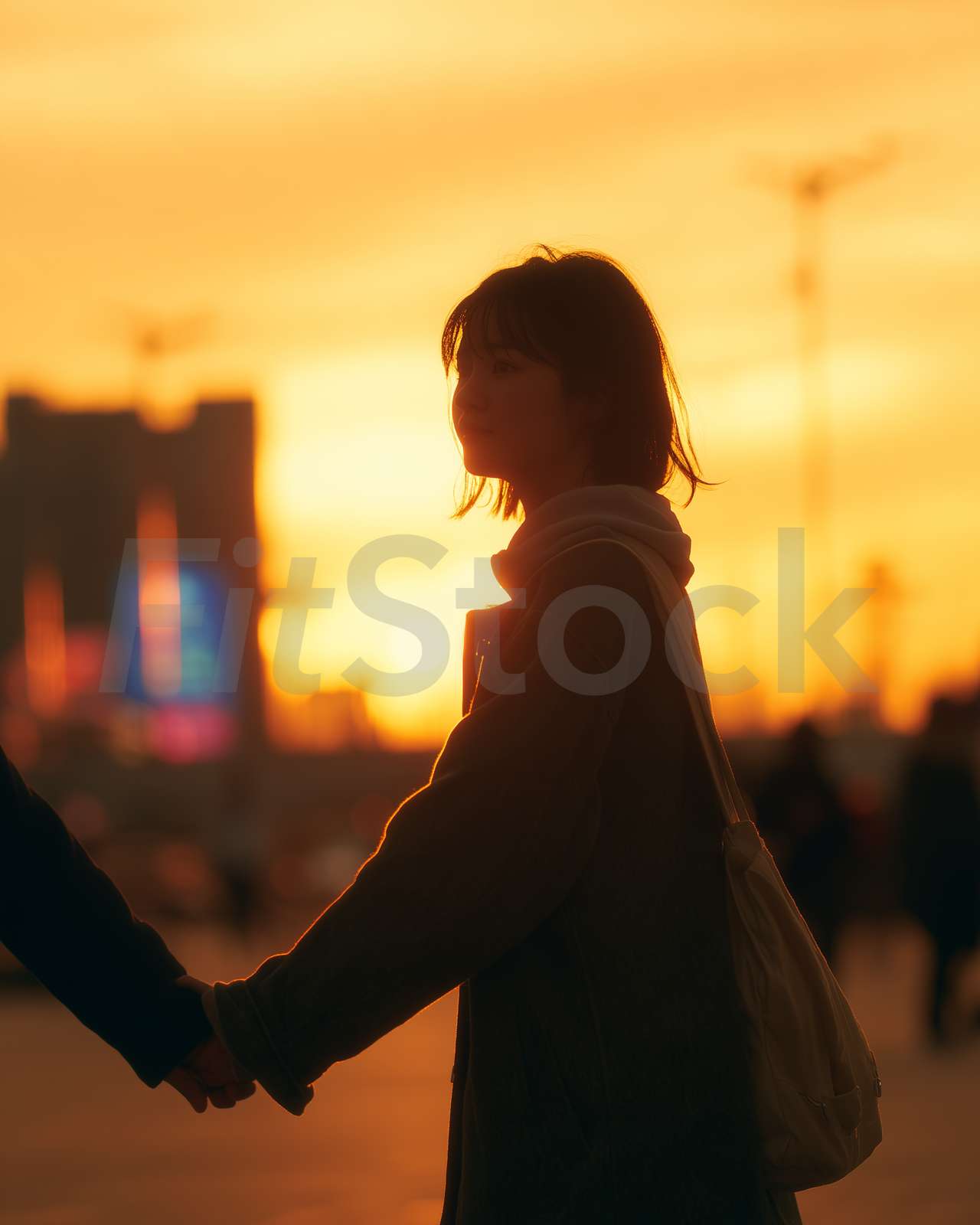 夕暮れ時に手をつなぐ二人のシルエット