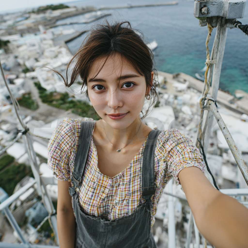 海辺の街を見下ろして自撮りする女性