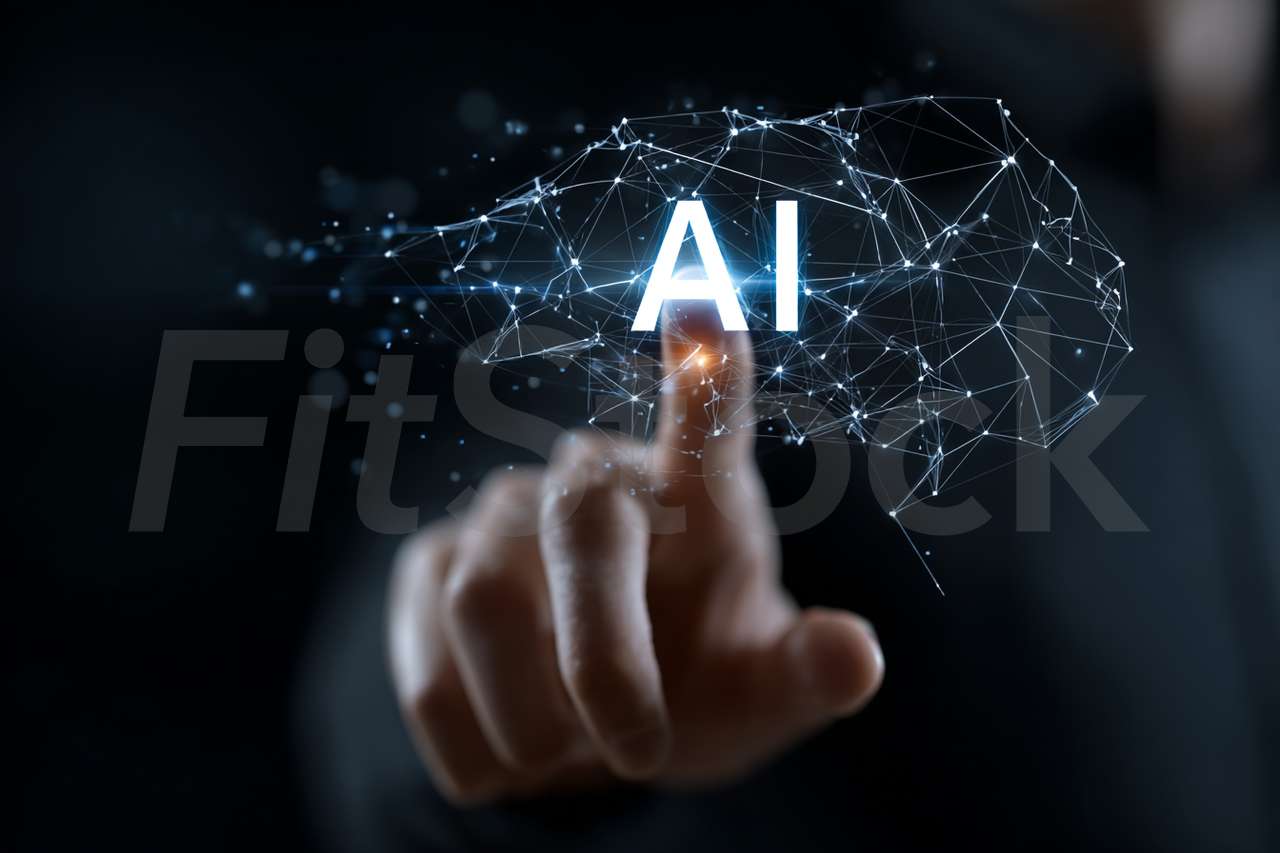 AI技術に触れる指先とネットワーク