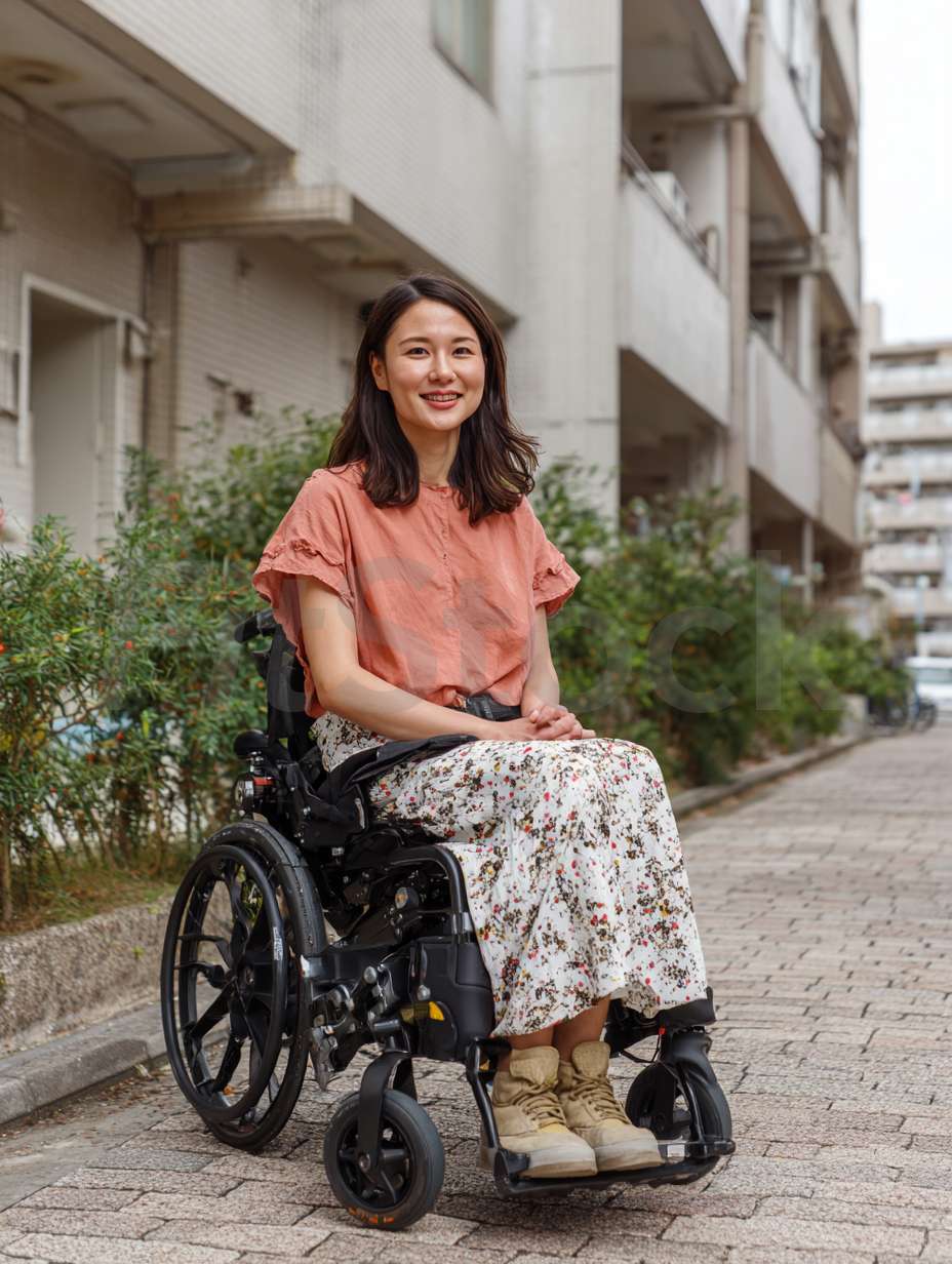 車椅子に乗って笑顔で過ごす女性