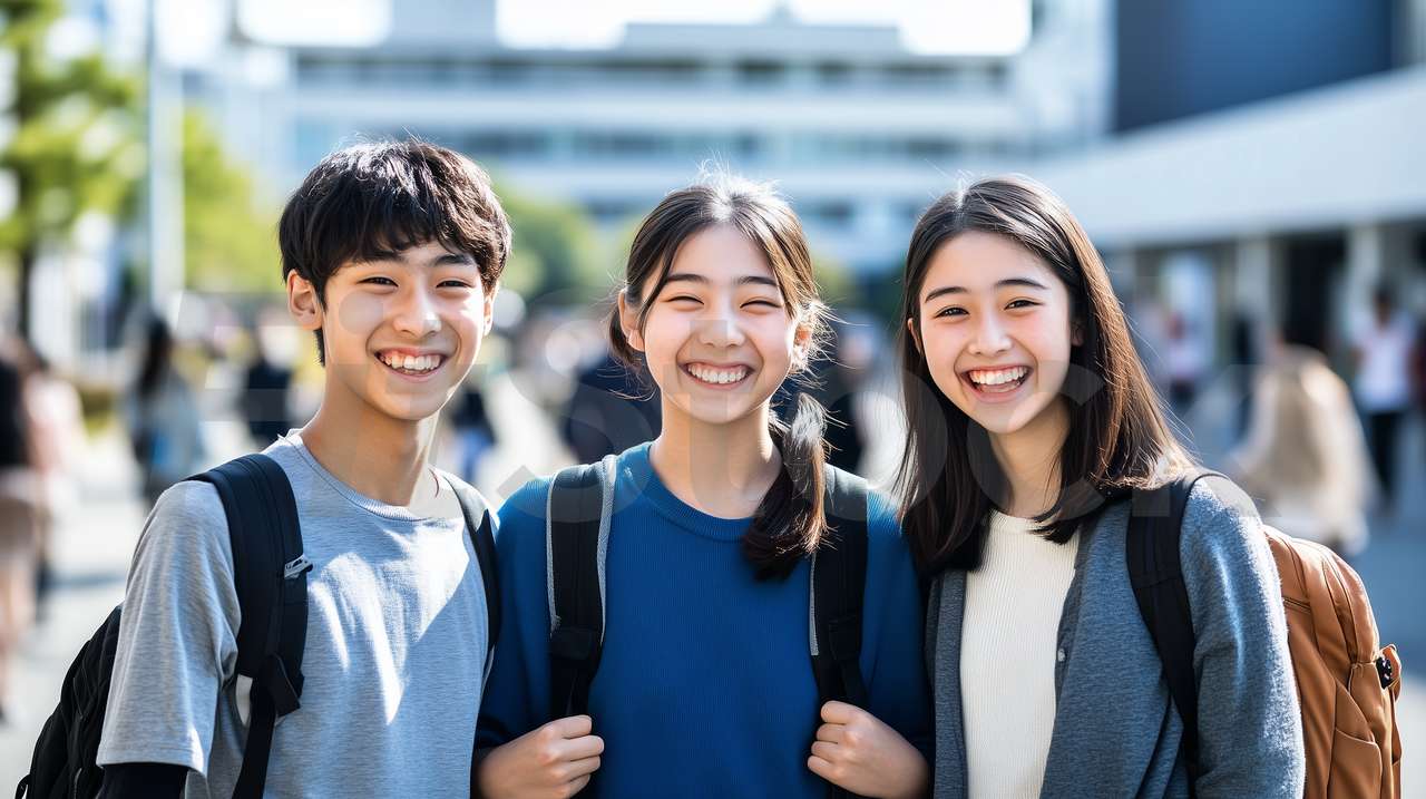 笑顔で登校する日本の学生たち