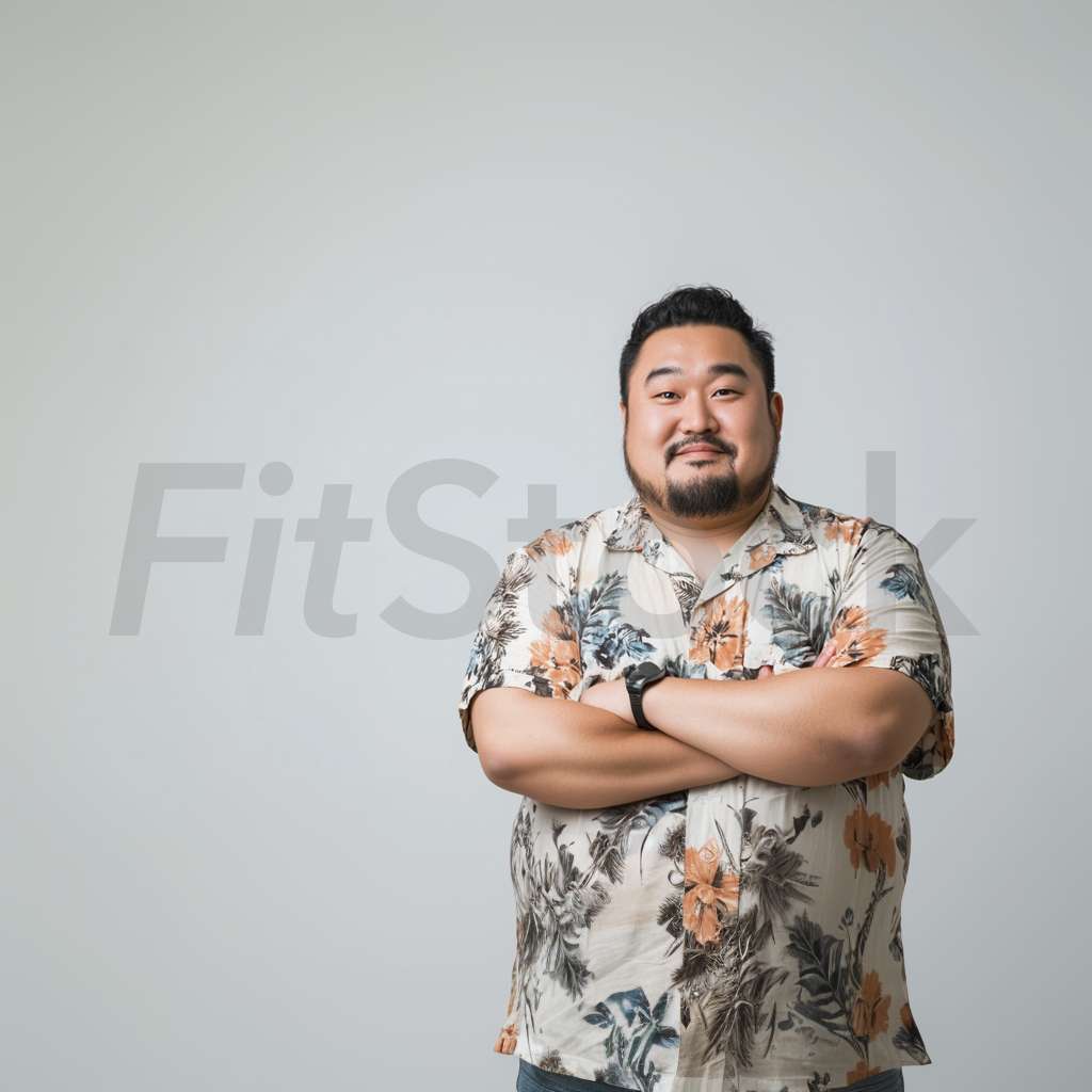 腕を組んで微笑むアロハシャツを着たアジア人男性