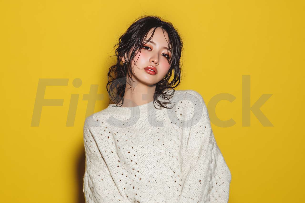 黄色い背景に白いニットを着た女性のポートレート