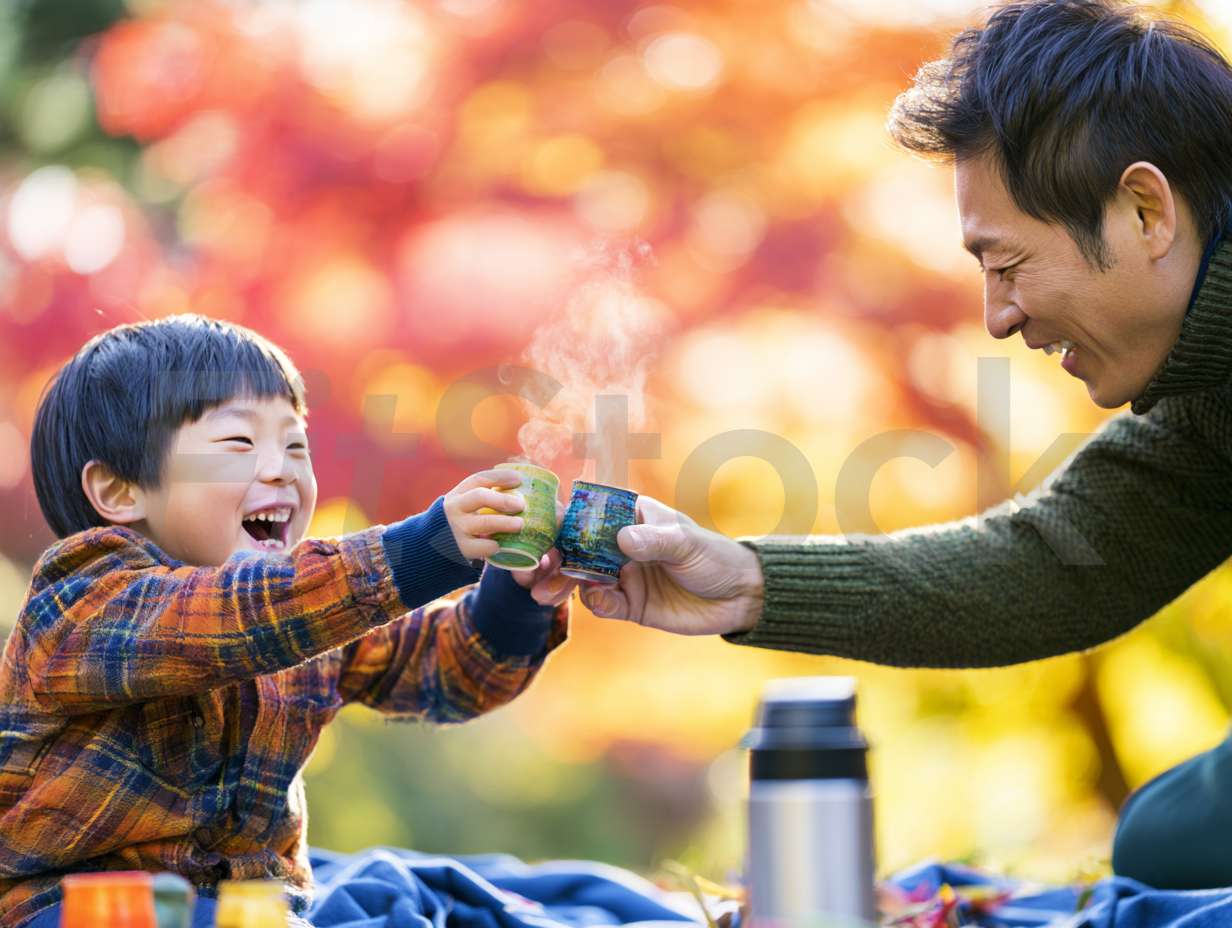 紅葉の中で温かいお茶を楽しむ親子