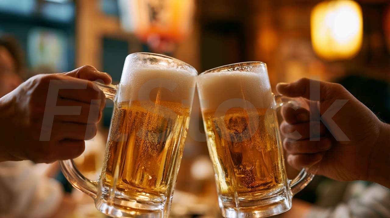 居酒屋でビールジョッキで乾杯する人々