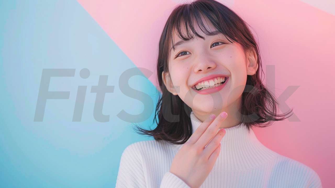 青とピンクの背景で微笑む若い日本人女性