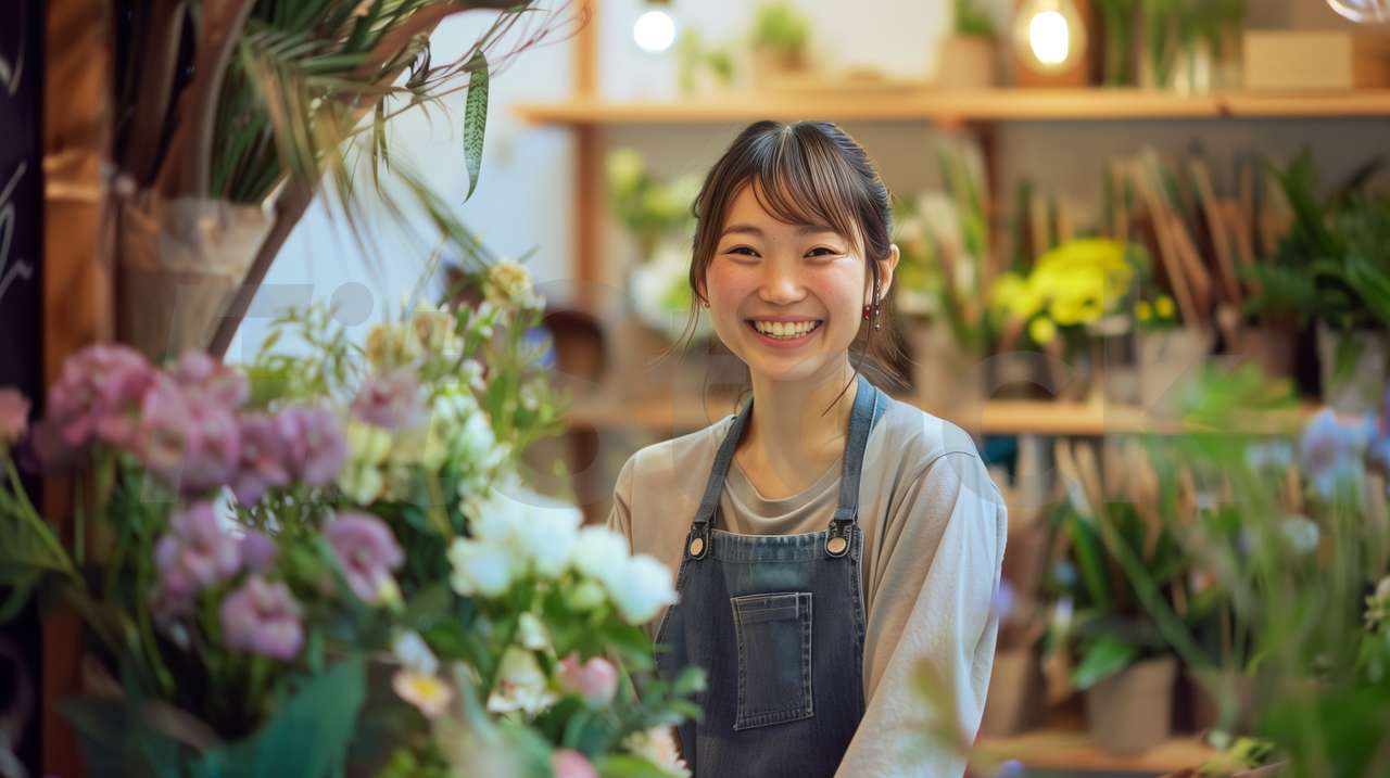 花屋で働く笑顔の女性