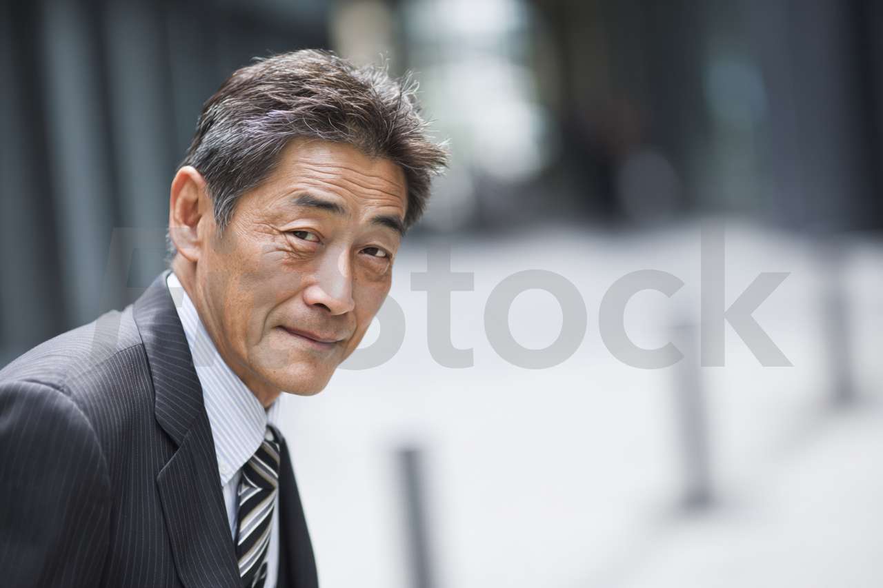 オフィス街のスーツを着た日本人ビジネスマン