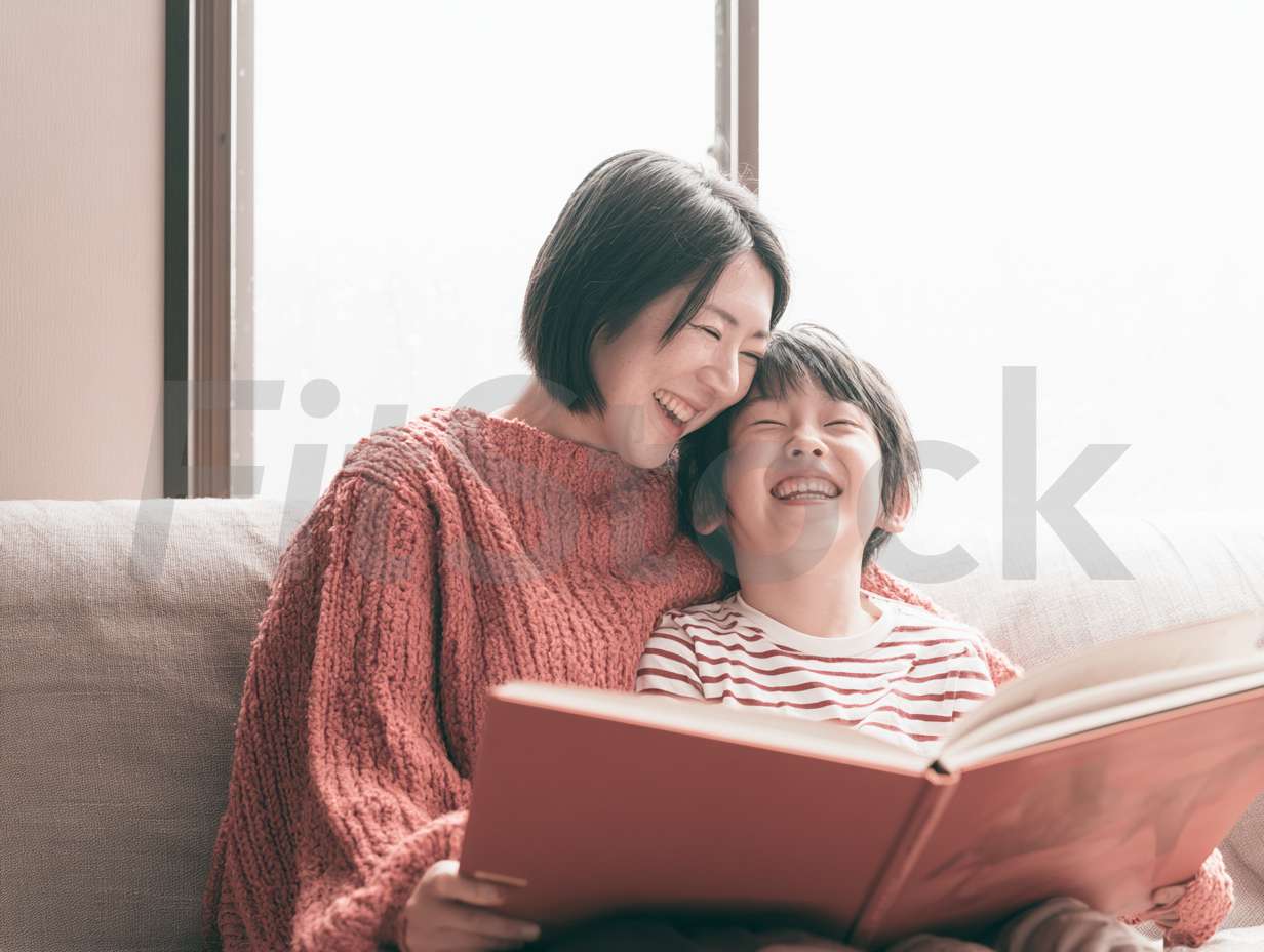 絵本を読んで笑顔の母と子