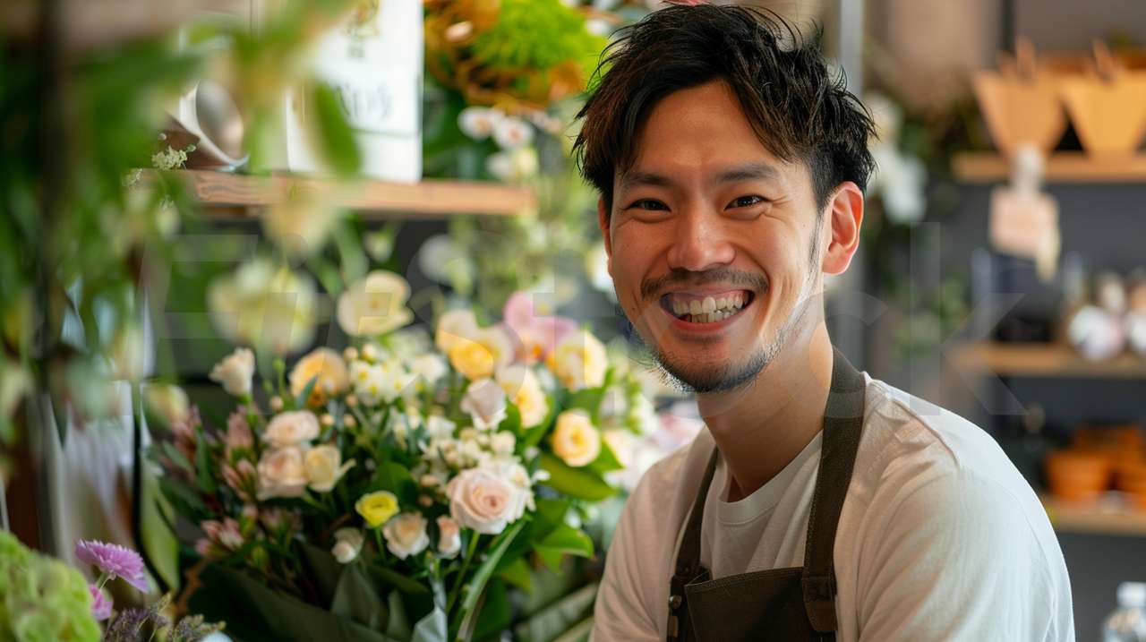 花屋で働く笑顔の男性店員
