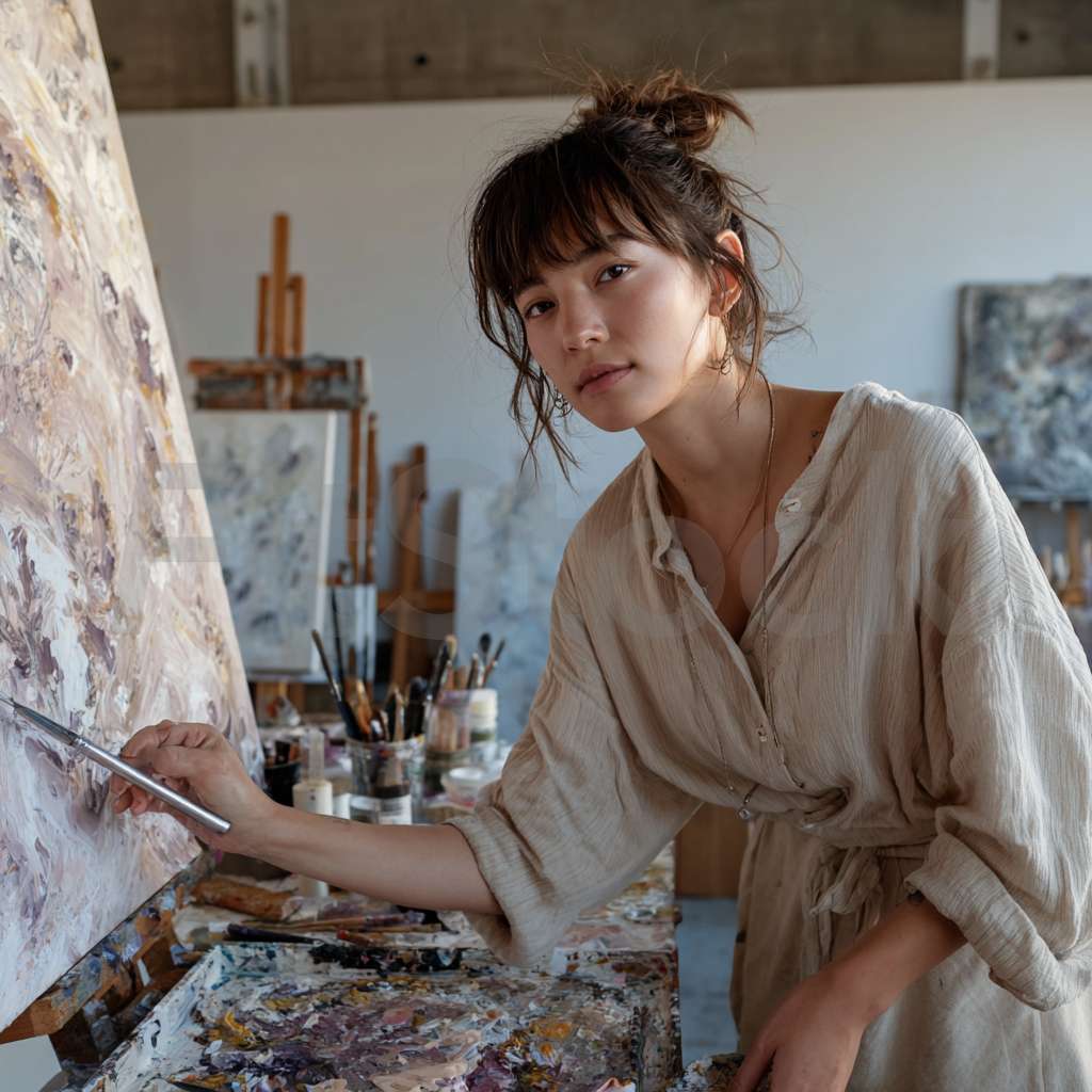 アトリエで絵画を制作する女性アーティスト