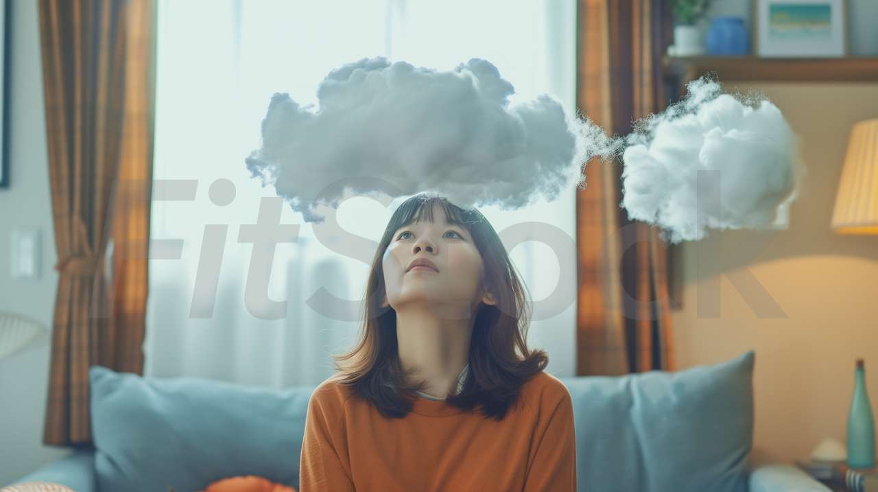 頭の上に雲を乗せた悩める女性