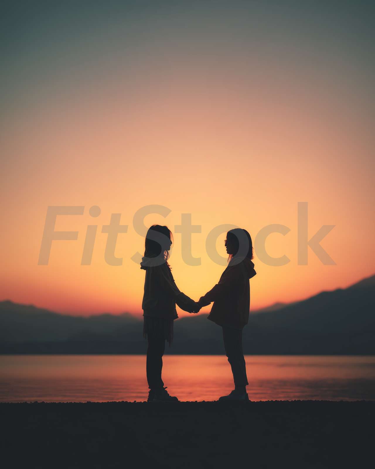 夕暮れ時に手をつなぐ二人のシルエット