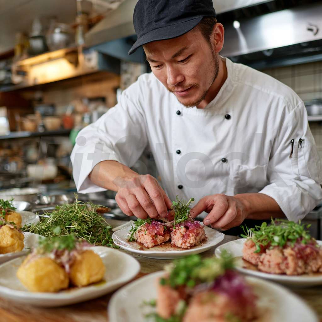 料理を盛り付けるシェフ