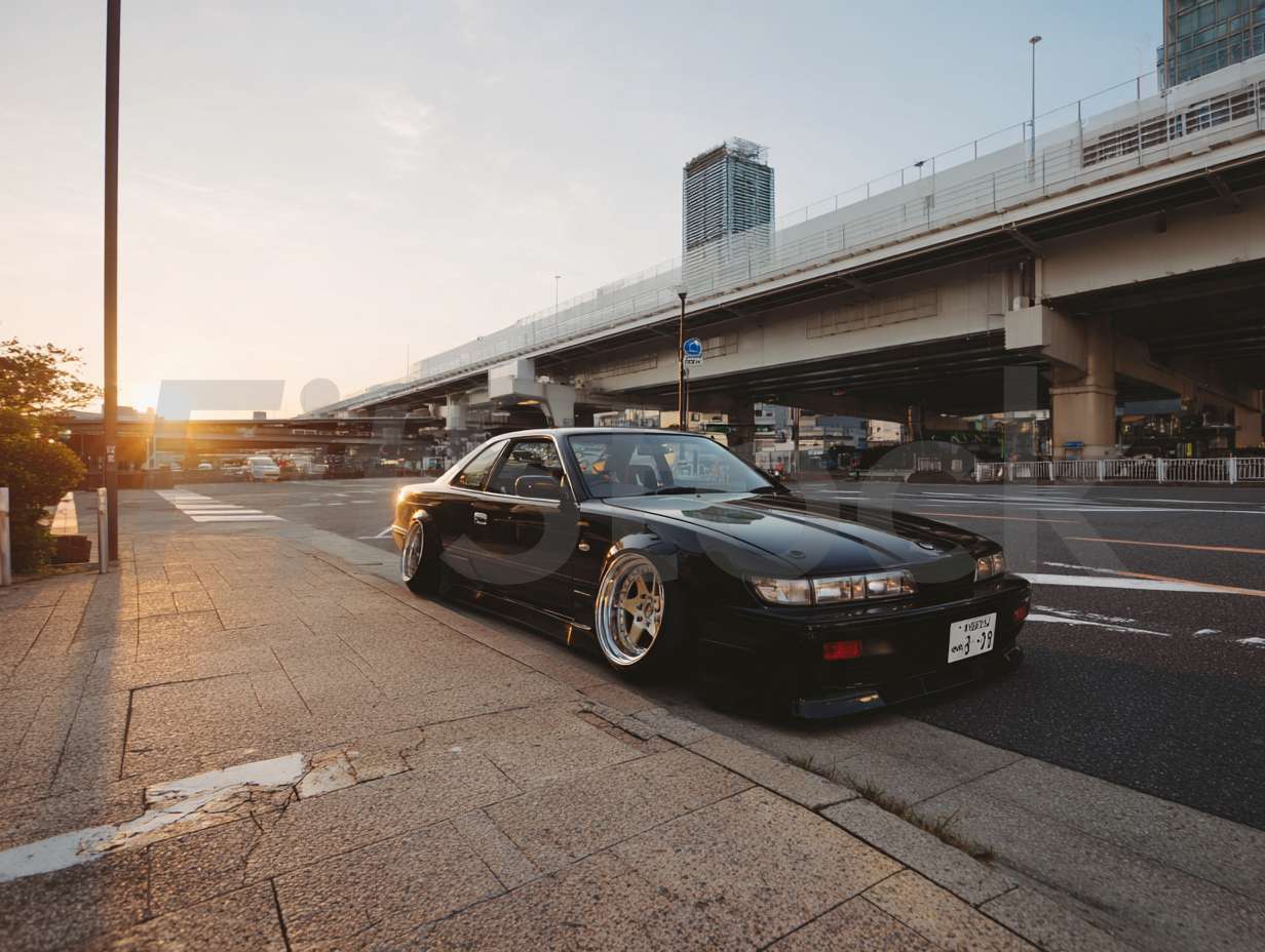 夕暮れの街角に佇むカスタムされた日産シルビア