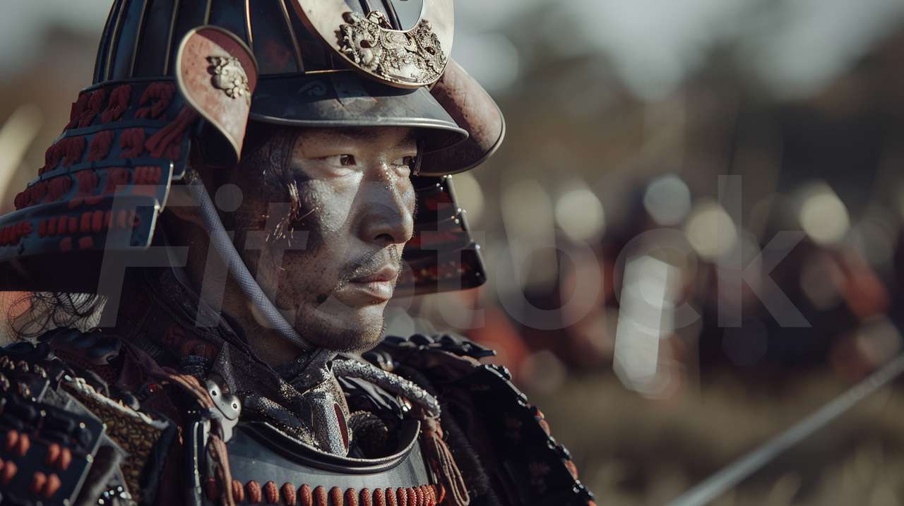 戦場を見つめる甲冑をまとった武士