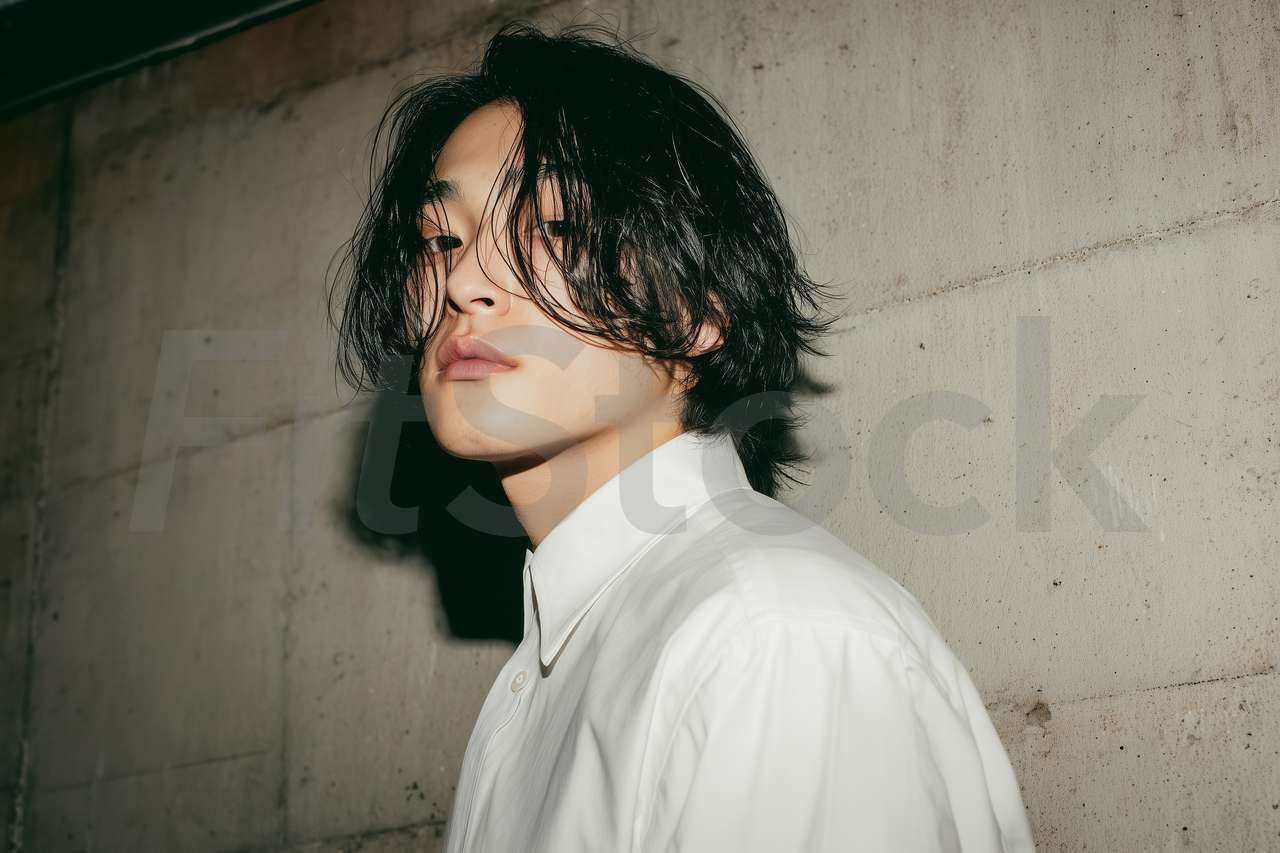 ウェットヘアでクールな表情を見せる若い男性のポートレート