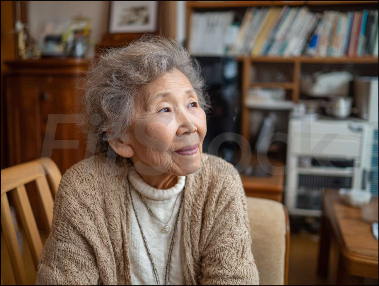 室内で微笑む穏やかな高齢の日本人女性
