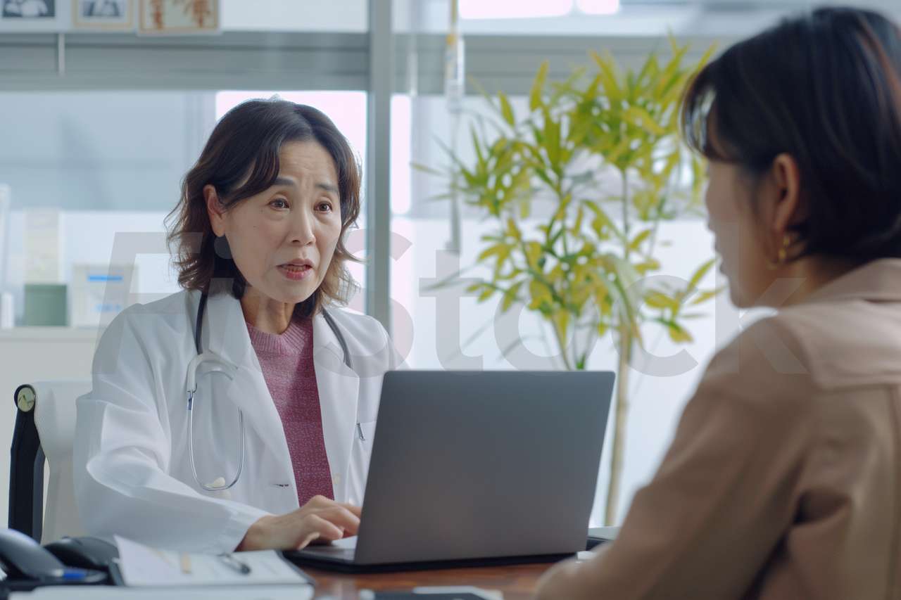 診察室で患者の話を聞く医師