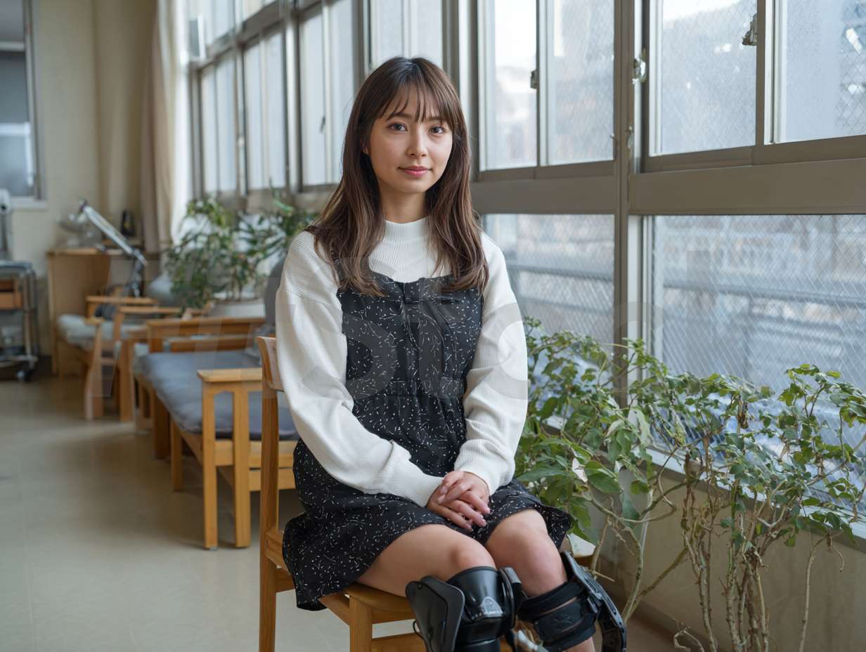 窓辺で微笑む膝に装具をつけた女性