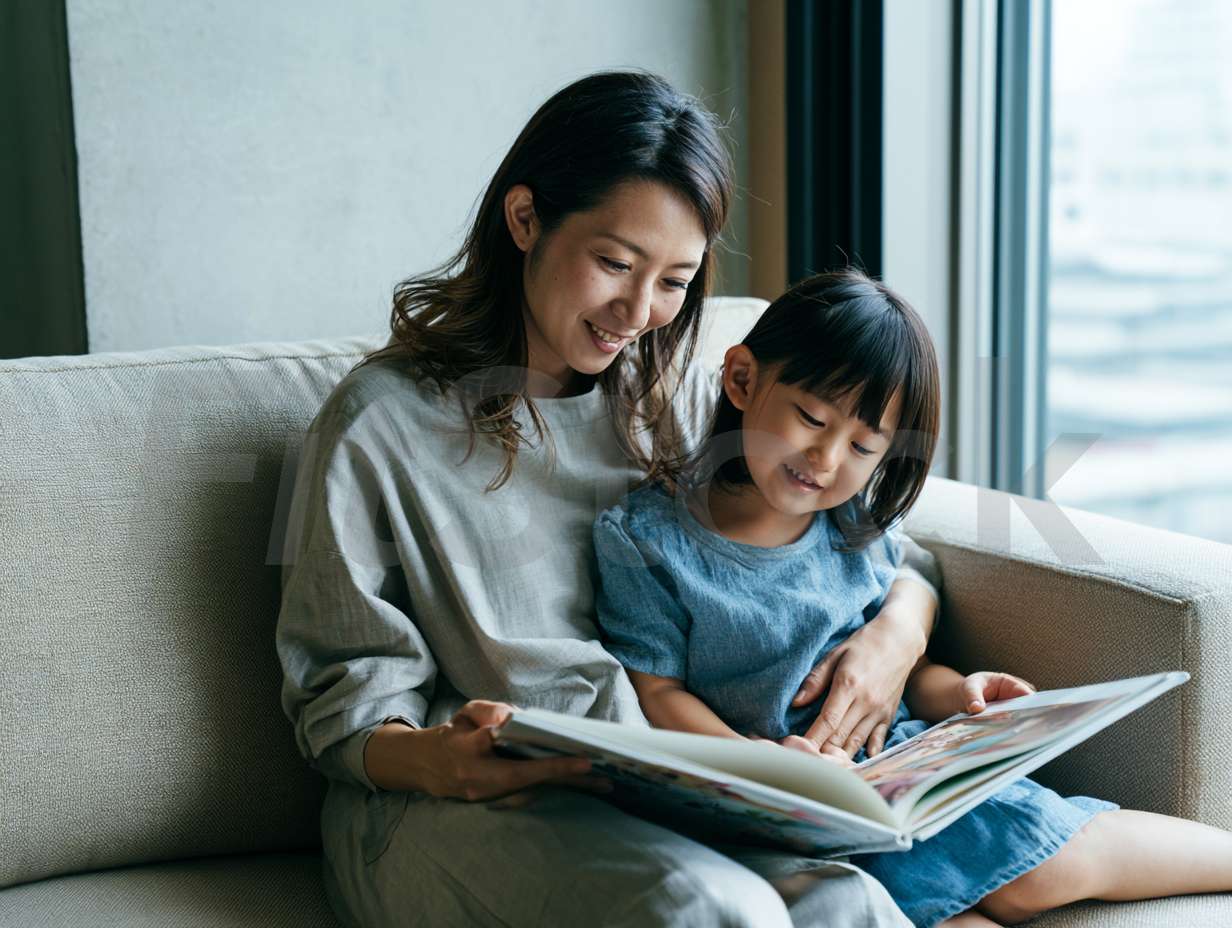 ソファで絵本を読む母と娘