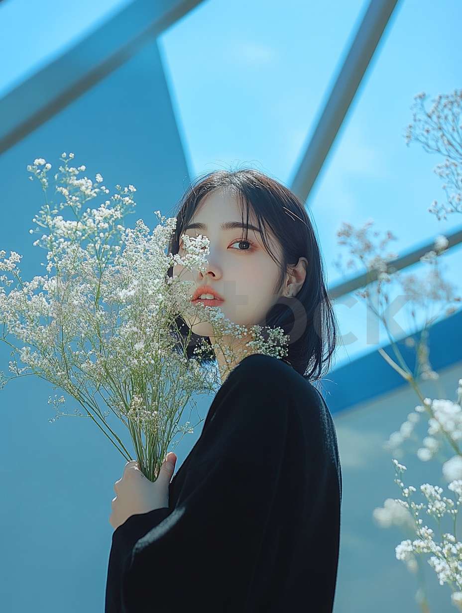 かすみ草と可憐な女性のポートレート