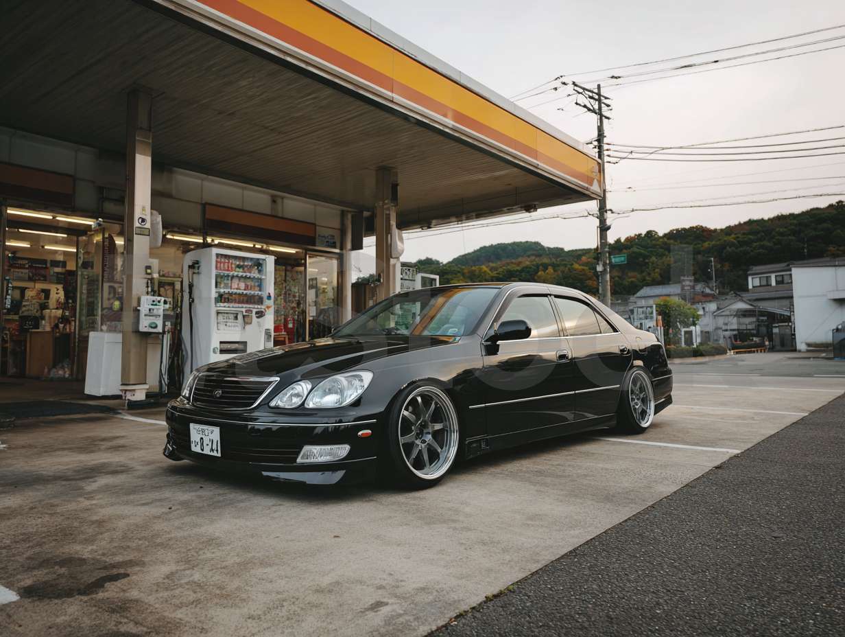 ガソリンスタンドに停車する黒いカスタムセダン