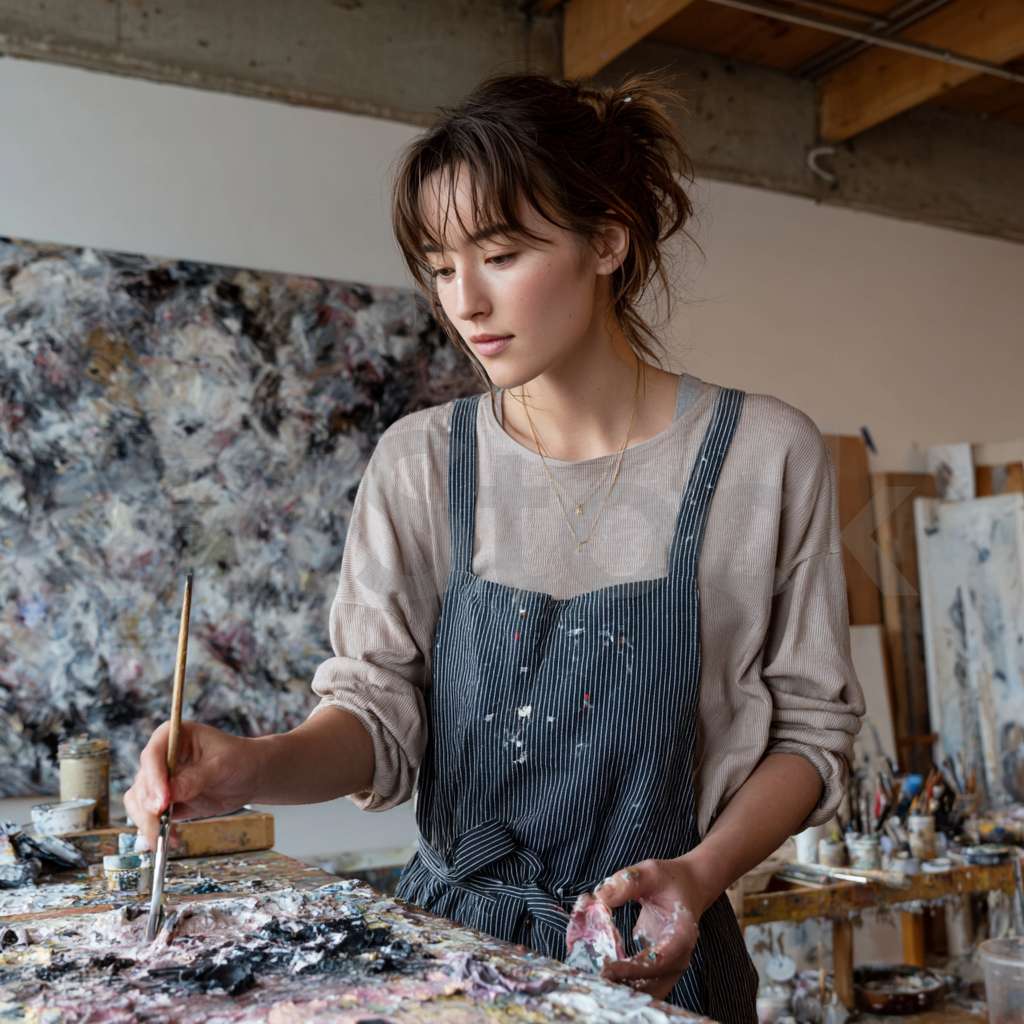 アトリエで絵画を制作する若い女性アーティスト