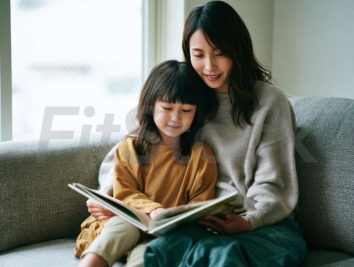 ソファで絵本を読む親子の微笑ましい姿