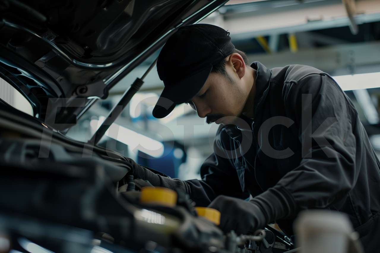 自動車整備工場で働く整備士