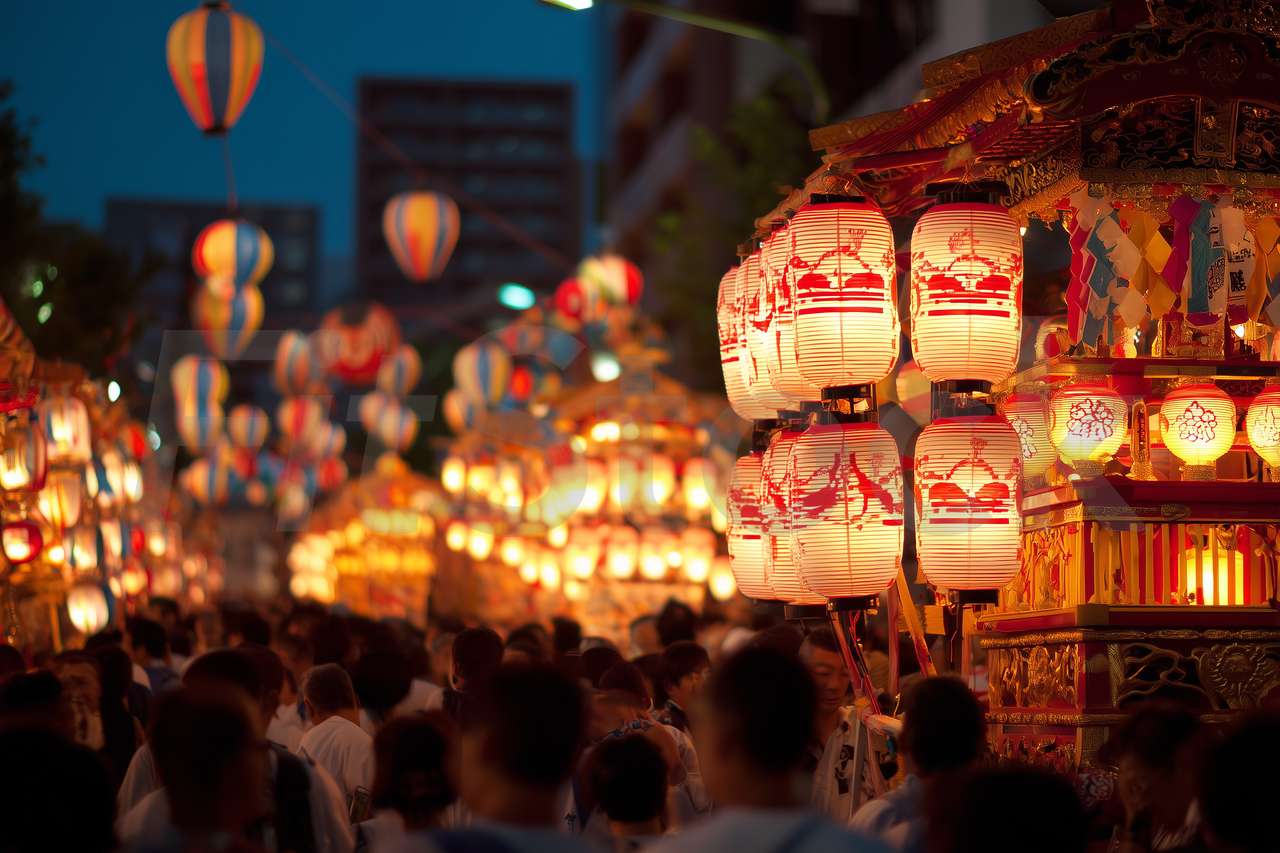 日本の祭りの夜を彩る提灯と山車
