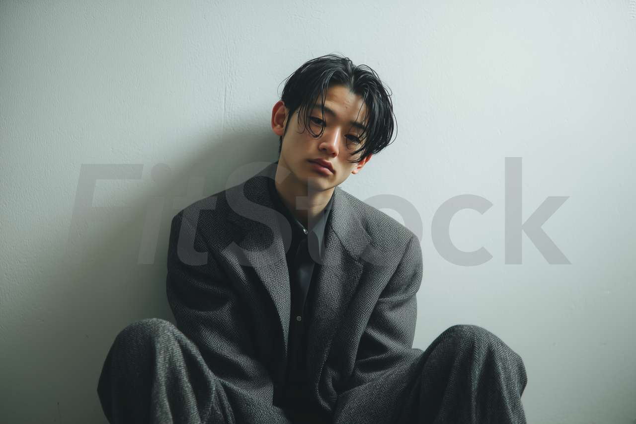 物憂げな表情で壁にもたれかかる若い男性のポートレート