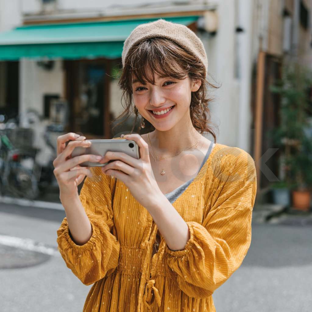 スマホで撮影する笑顔の女性