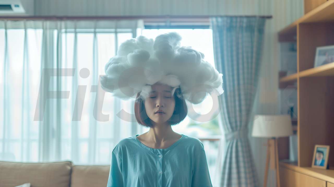 頭の上に雲を載せた瞑想する女性
