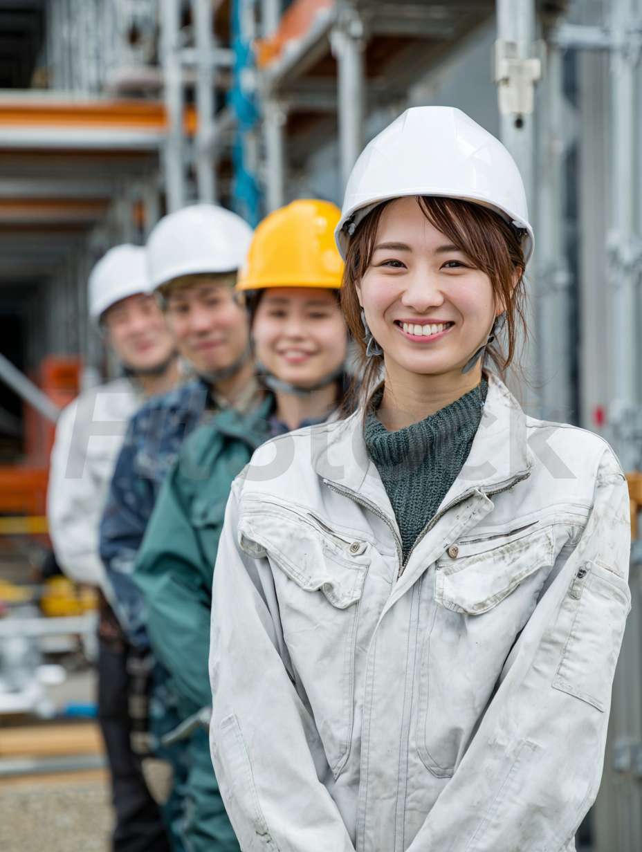 建設現場で並ぶ笑顔の作業員たち