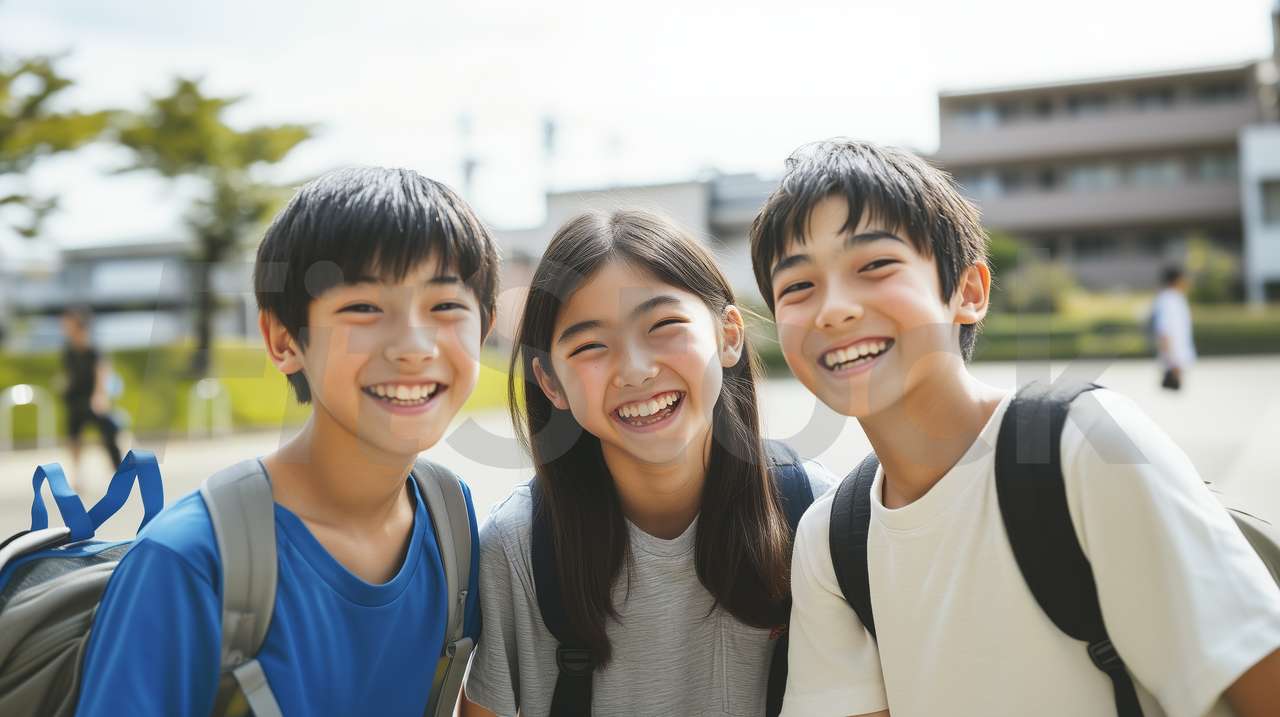笑顔で仲良く登校する中学生の男女