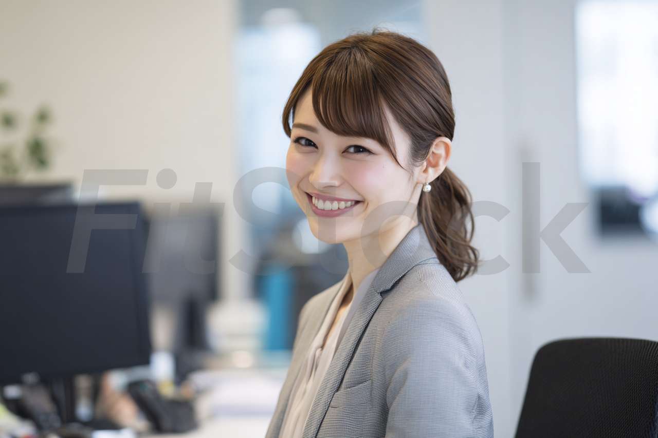 オフィスで微笑む日本人女性会社員