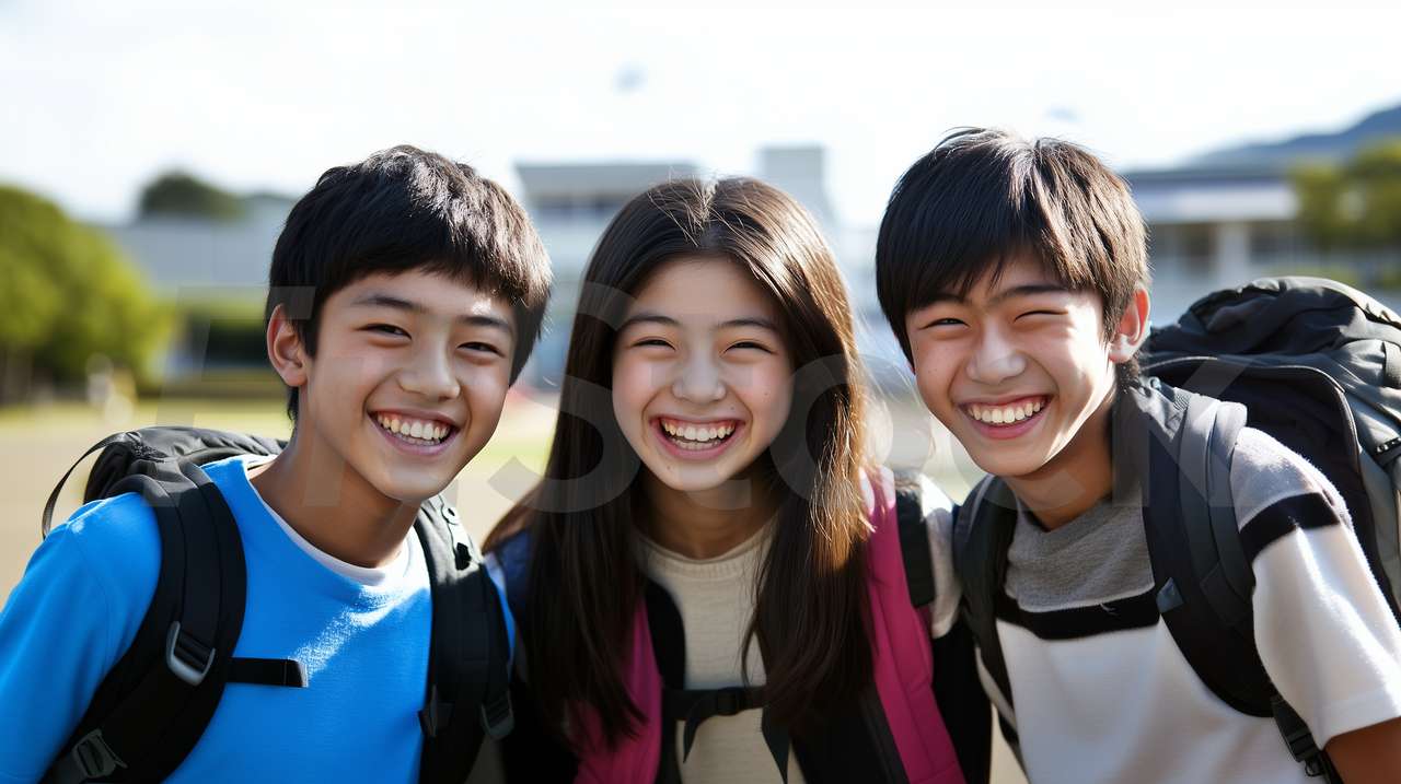 笑顔で登校する3人の学生
