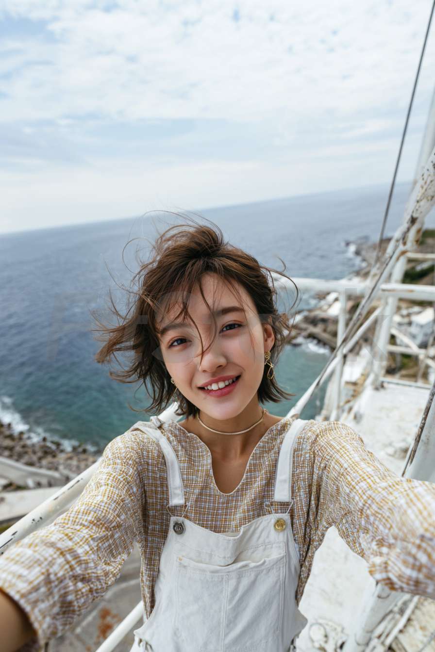 海辺で自撮りをする笑顔の女性
