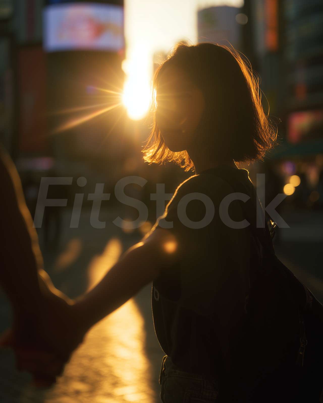 夕暮れ時に手を繋ぐ女性