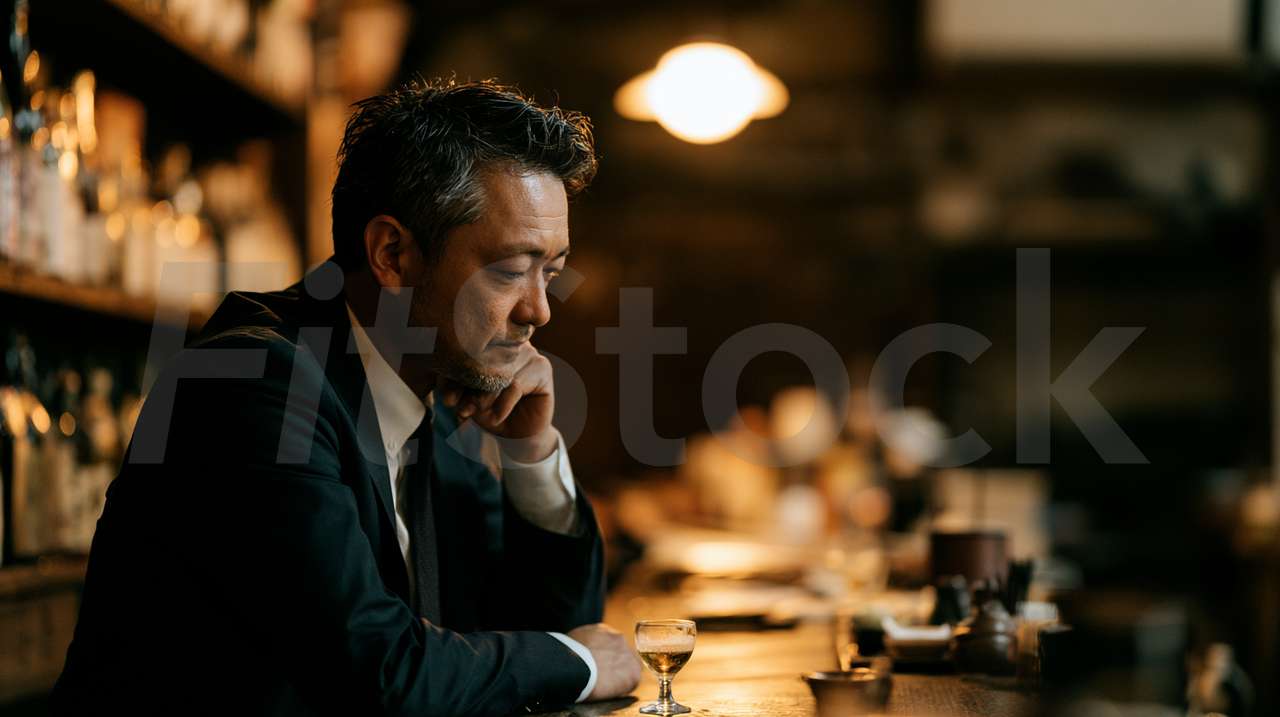 バーで一人考え事をする中年男性