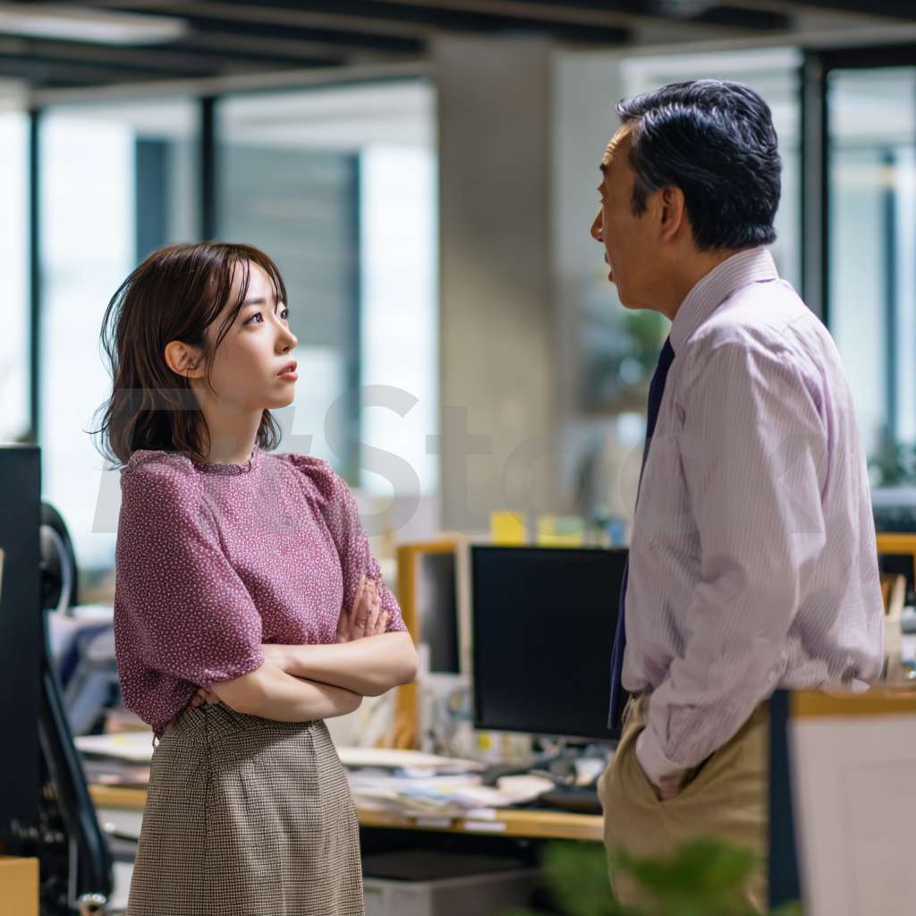 オフィスで上司と対話する若い女性社員